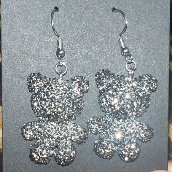 Sparkling Silver/Chrome Teddy Bear Earrings - Picture 2 of 3